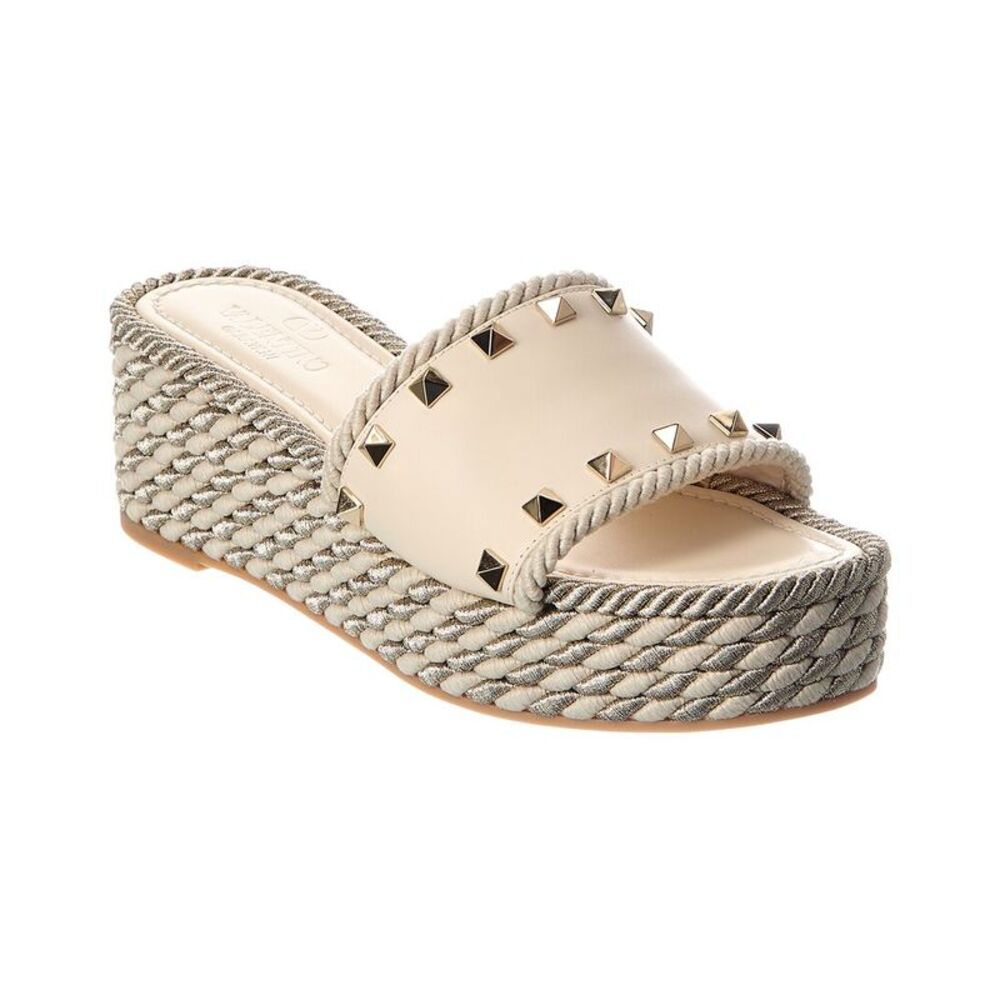 Valentino Rockstud 60 Leather Wedge Sandal, White